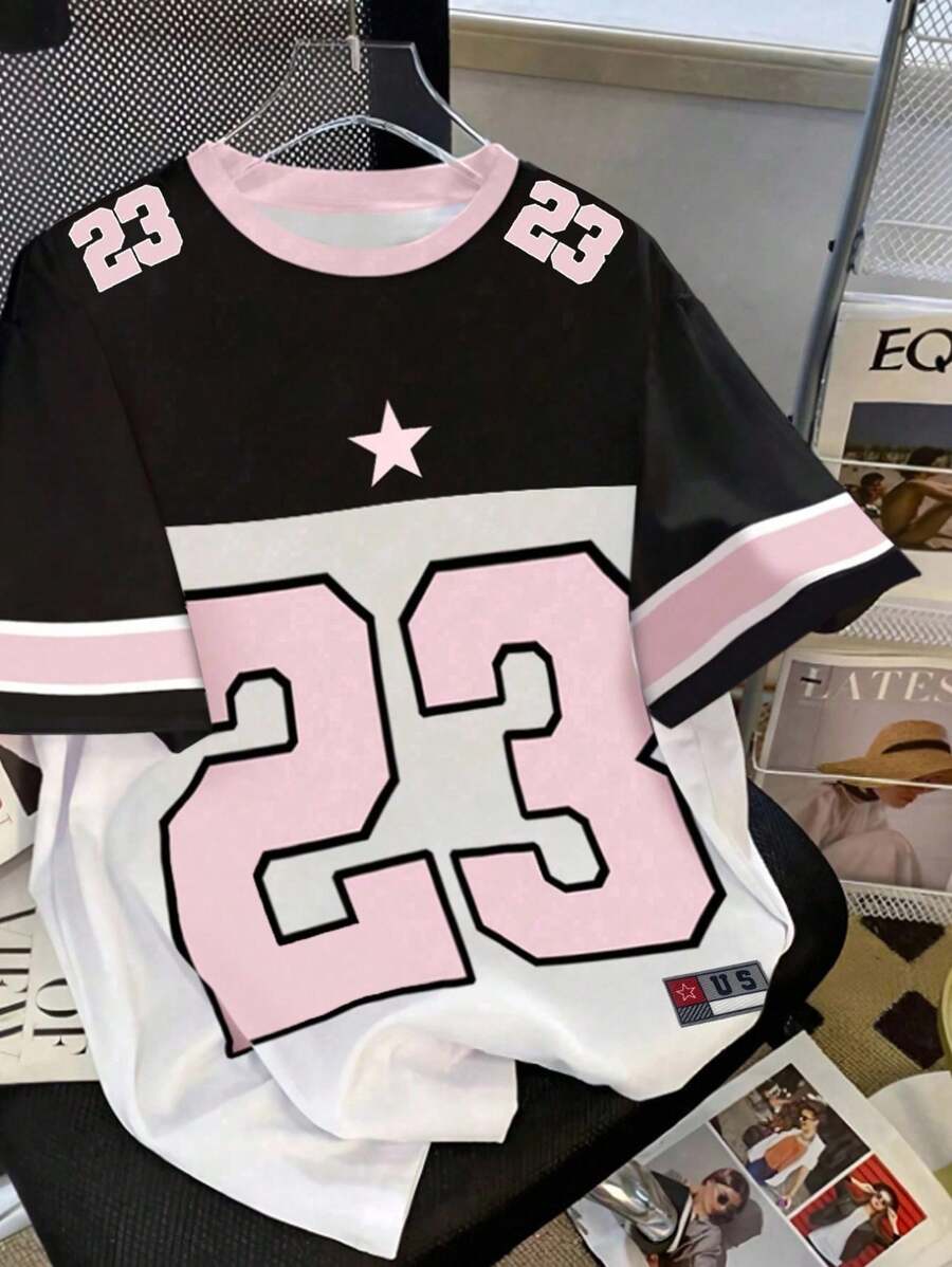รีวิวเสื้อยืดแขนสั้นลายเลข 23 สไตล์สปอร์ต สีขาวและชมพู จาก Shein
