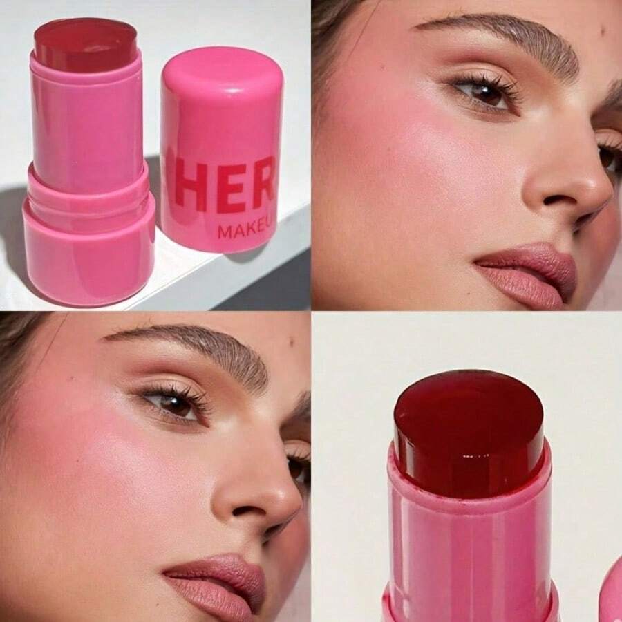 ภาพโคลสอัพบลัชออนเจลลี่ HERORANGE สีชมพูอมแดง และภาพนางแบบโชว์การแต่งหน้าแก้มและปากด้วยบลัชออนเจลลี่