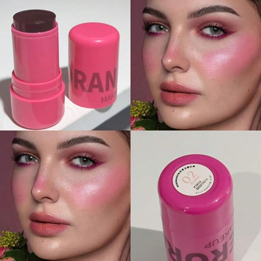 โคลสอัพเนื้อสัมผัสบลัชออนเจลลี่ 2 สี (สีเข้มและสีแดง) พร้อมข้อความภาษาอังกฤษระบุว่าใช้ได้ทั้งปากและแก้ม