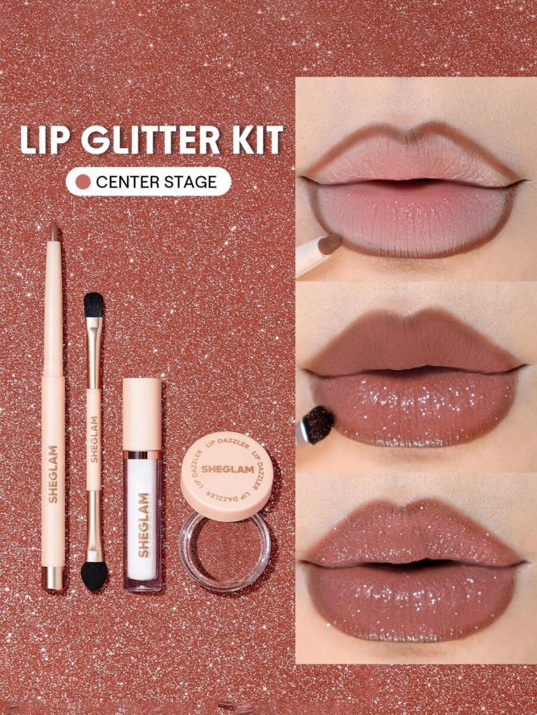 ชุดลิปกลิตเตอร์ SHEGLAM Lip Glitter Kit สี Center Stage ที่ประกอบด้วยลิควิดลิปสติกสีนู้ดชมพู กลิตเตอร์แบบฝุ่น และแปรงทา บรรจุในกล่องสีม่วงพาสเทลสวยงาม