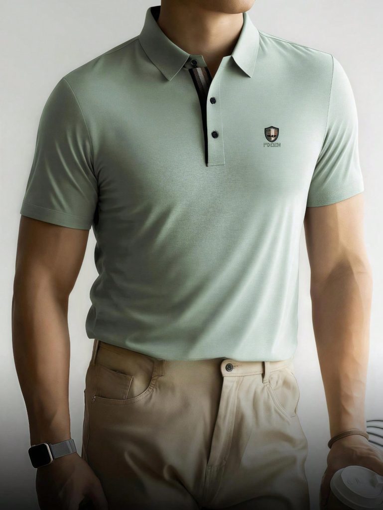 เสื้อโปโลผู้ชายสีกรมท่า สวมกับกางเกงสแล็ค มุมด้านข้างโชว์ลุคทางการ