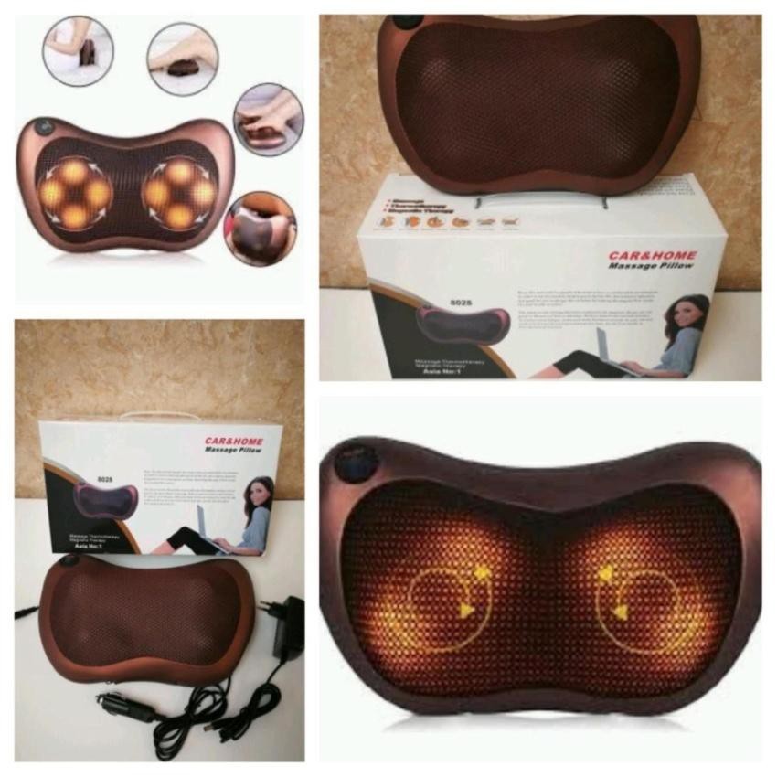 เครื่องนวดคอ New Alitech 8 Rollers Mage Pillow สีน้ำตาลแดงวางบนโต๊ะ นวดกดลึก