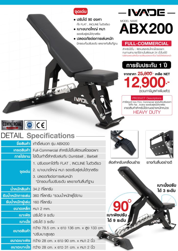 เก้าอี้เล่นเวท IVADE ABX200 Full Commercial ปรับ 90 องศา วางในห้องนั่งเล่น ดูแข็งแรงทนทาน