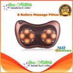 เครื่องนวดคอ New Alitech 8 Rollers Mage Pillow สีน้ำตาลแดงวางบนโต๊ะ นวดกดลึก