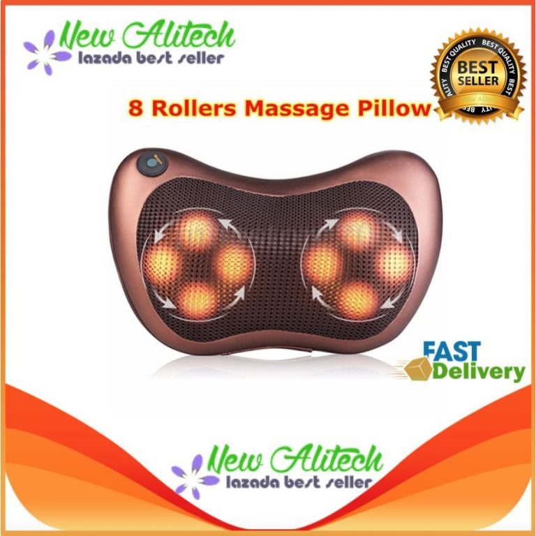 เครื่องนวดคอ New Alitech 8 Rollers Mage Pillow สีน้ำตาลแดงวางบนโต๊ะ นวดกดลึก