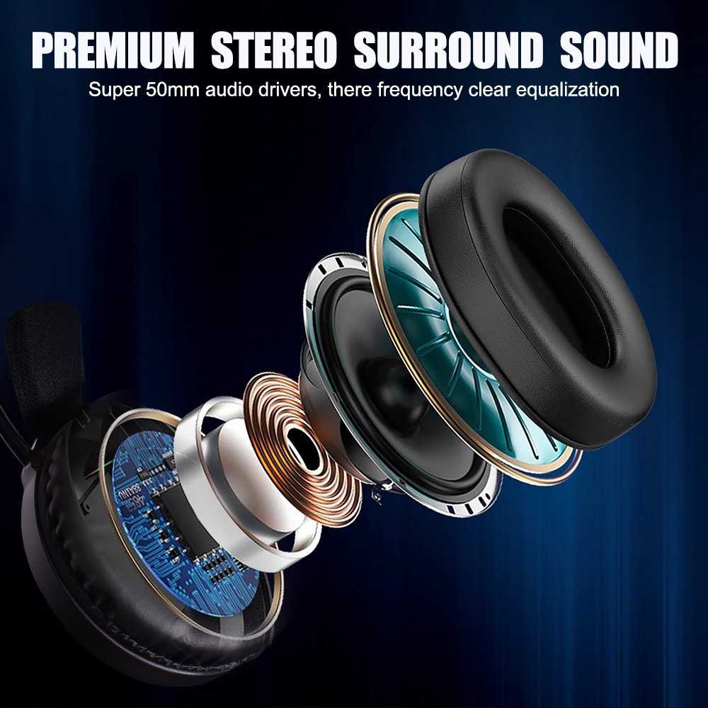 หูฟังเกมมิง OKER G225 สีขาววางบนโต๊ะ ไฟ RGB สว่าง