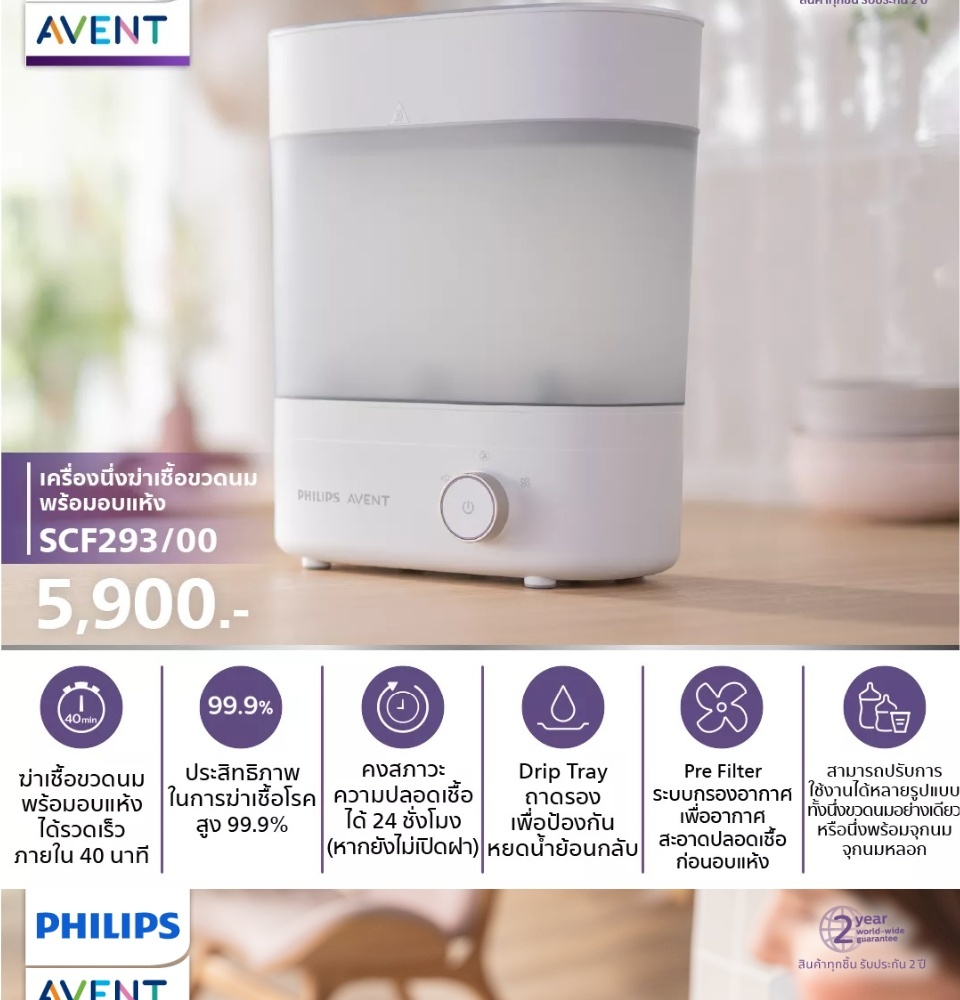 เครื่องนึ่ง Philips Avent สไลด์ขวดนมก่อน-หลังนึ่ง โชว์ฆ่าเชื้อ 99.9% อบแห้ง 40 นาที
